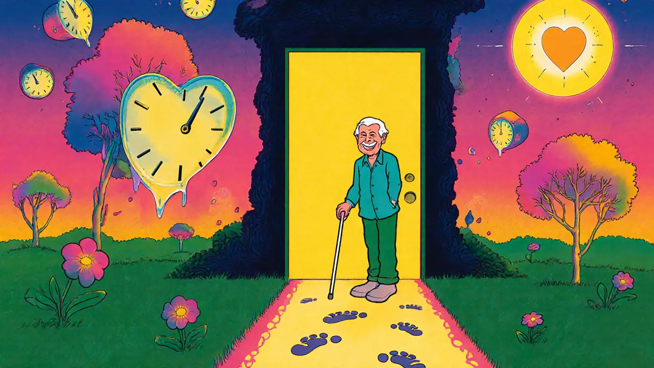 Пожилой мужчина стоит у двери, за ним — сияющий путь в сюрреалистичный мир.