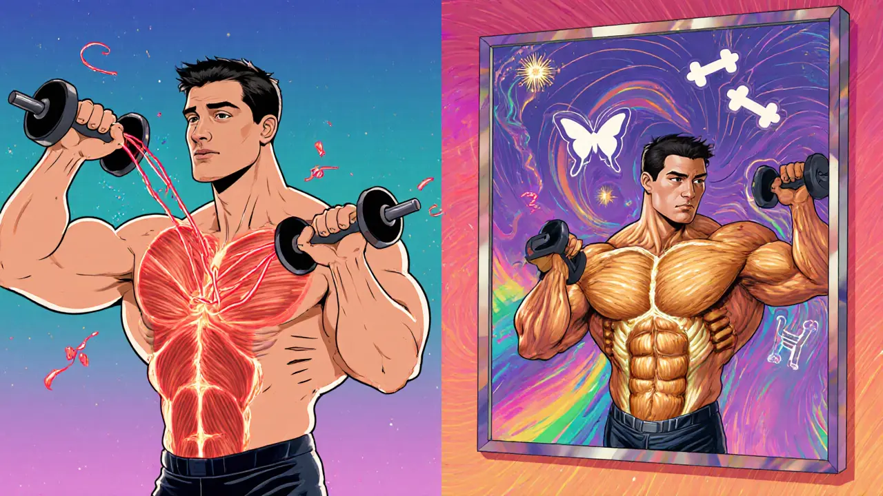 Разводка гантелей с видимыми светящимися волокнами груди и отражением в зеркале.