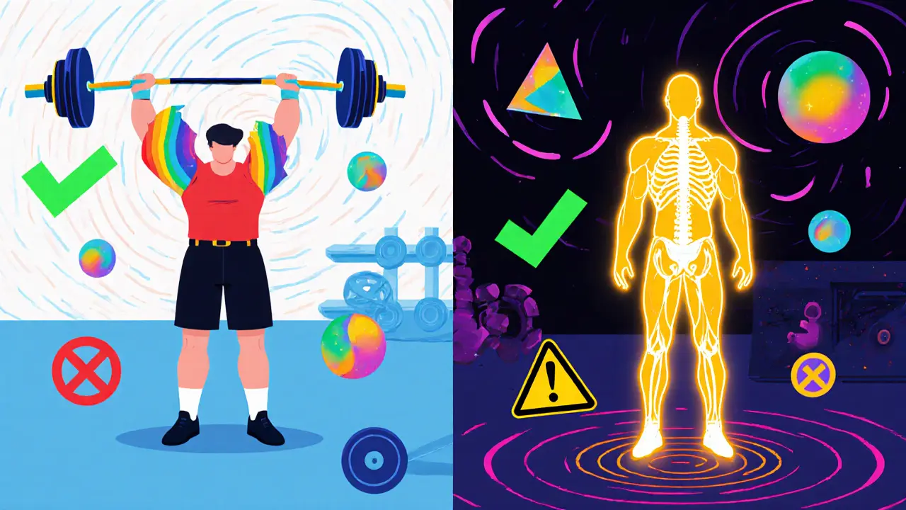 Сравнение двух поз: неправильная и правильная техника румынской тяги, сияющие линии и геометрические символы.