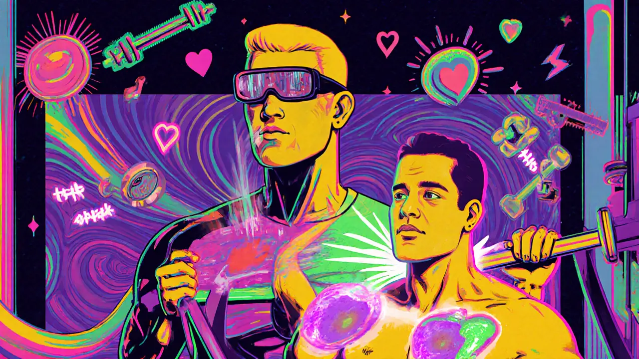 Тренер с голографическими очками показывает активацию мышц груди на экране в футуристическом зале.