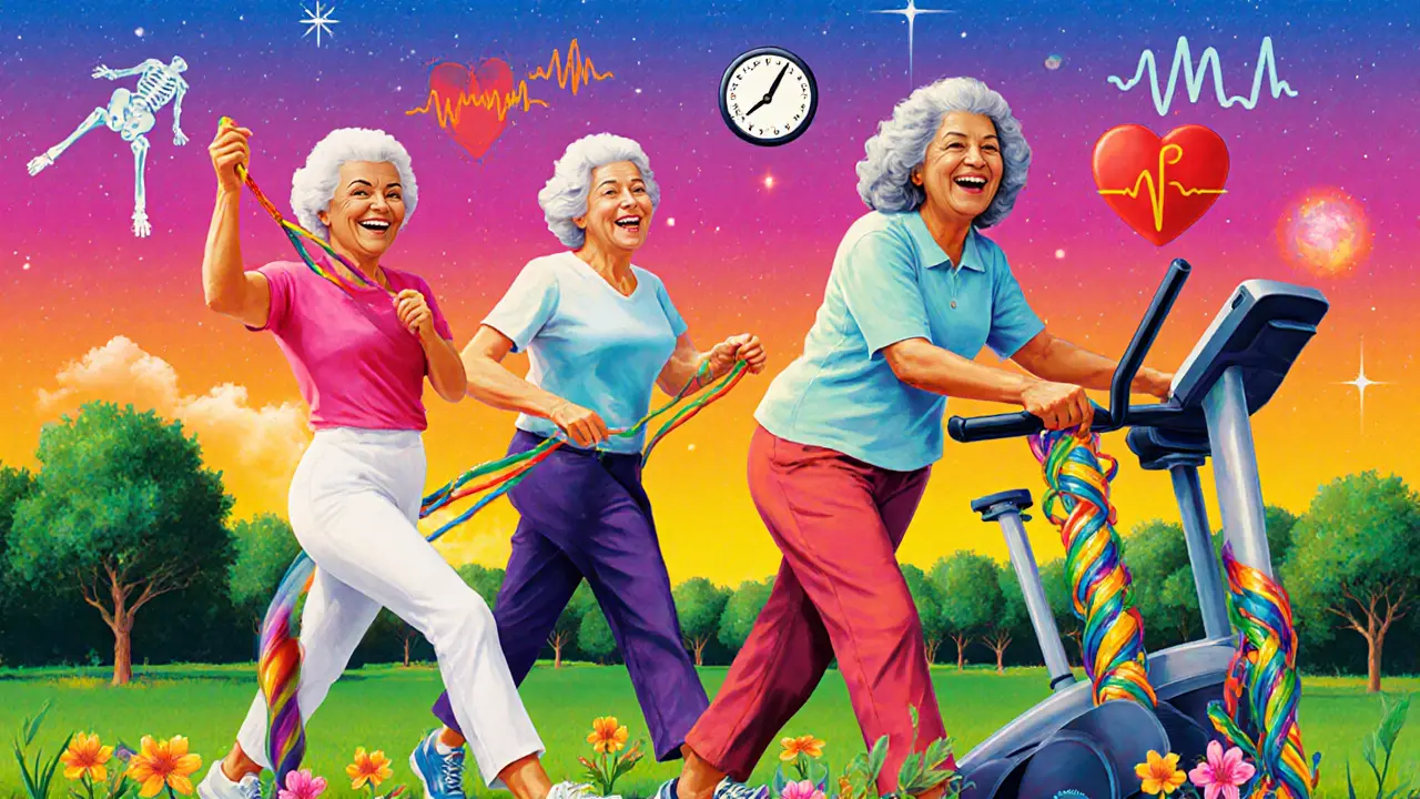 Три женщины 50+ занимаются в парке: одна тянет резинку, другая поднимает ноги, третья идёт на эллипсоиде, вокруг — цветы и символы здоровья.