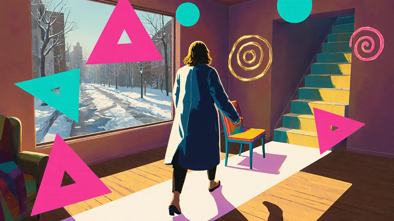 Женщина 50+ идёт по прямой линии, держась за стул, вокруг неё — геометрические фигуры, символизирующие равновесие и безопасность.