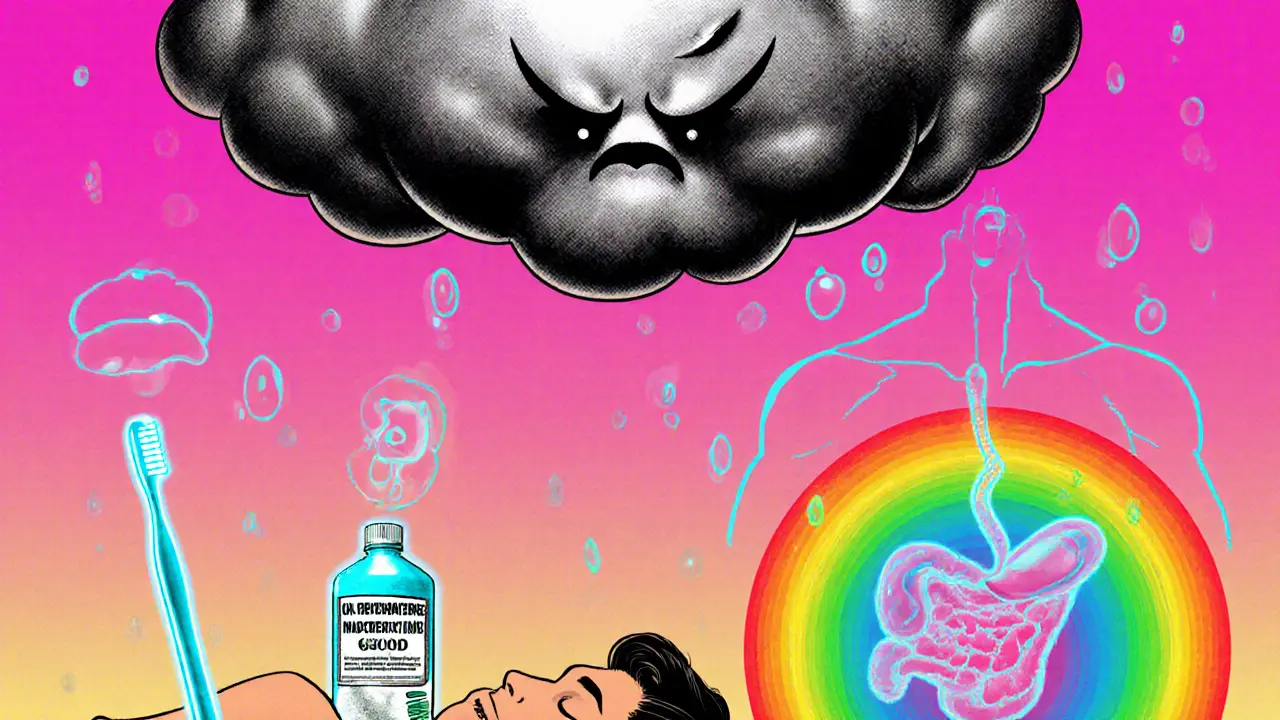 Человек с облаком неприятного запаха изо рта и героями-средствами