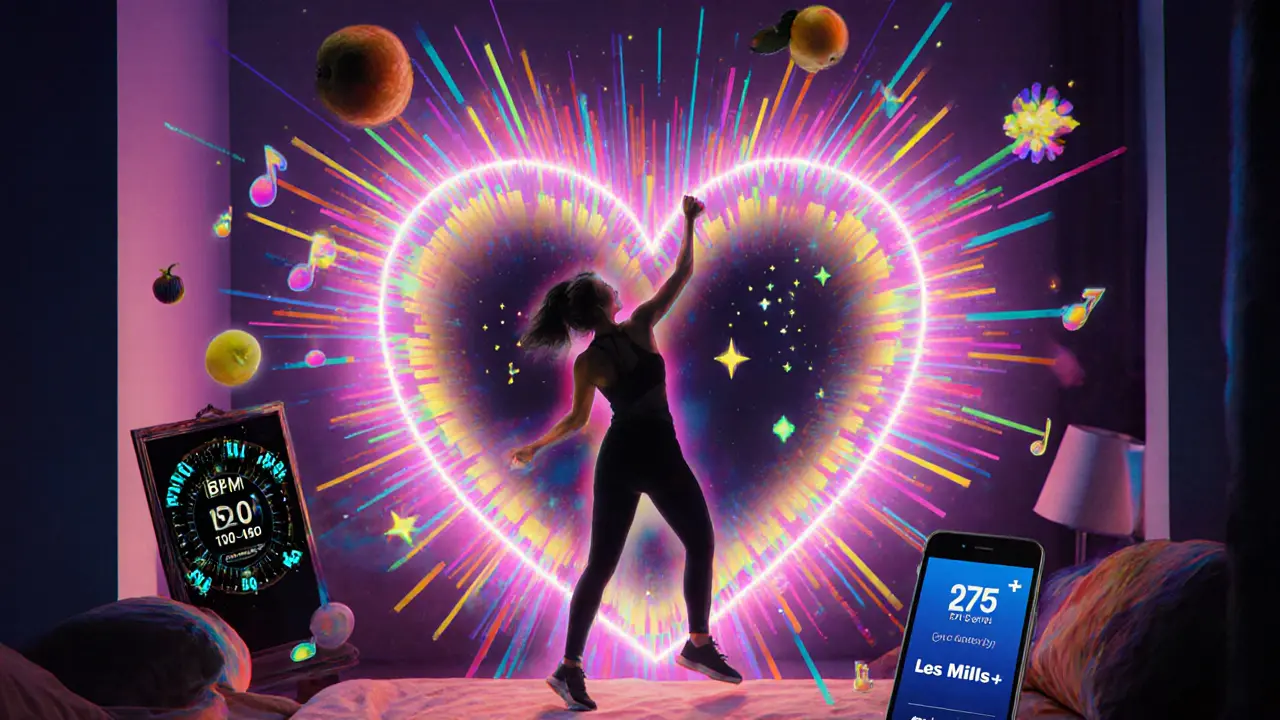 Человек в танце окружён светящимся сердцем и цифрами пульса, вокруг — звёзды, ноты и приложение на телефоне.