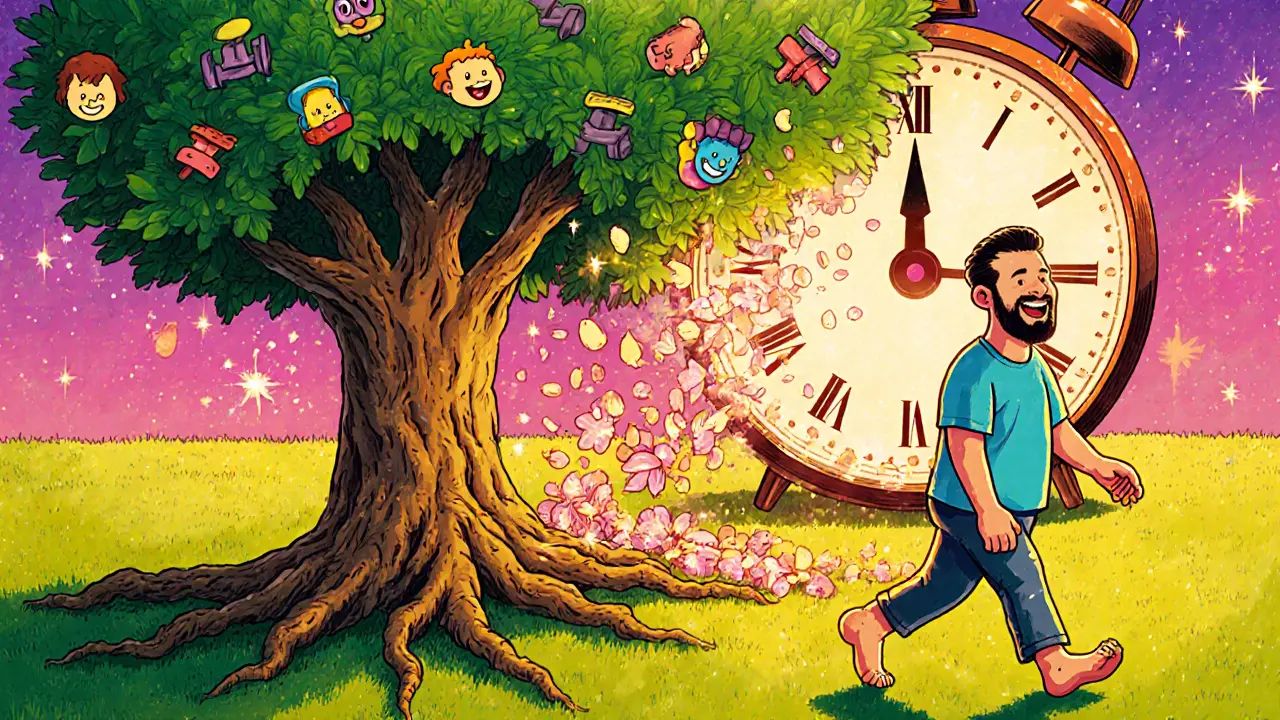 Мужчина 40+ идёт по парку, его тень превращается в дерево с гантелями в корнях и счастливыми лицами на листьях, символизируя исцеление через движение.