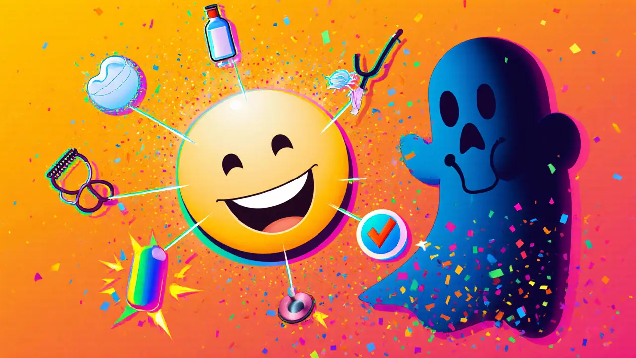 Шесть средств против галитоза в виде радужных икон вокруг улыбающегося лица