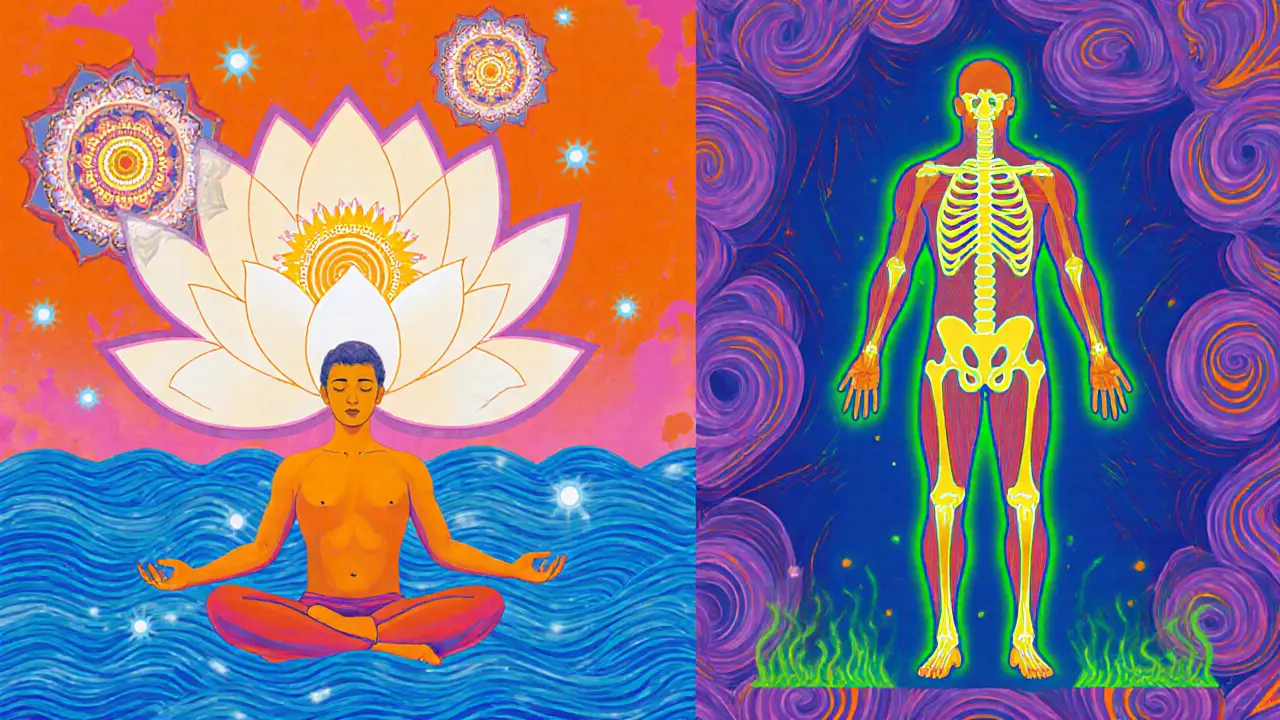 Синергия йоги и пилатеса: человек в медитации рядом с фигурой с подсвеченным позвоночником и мандалами.