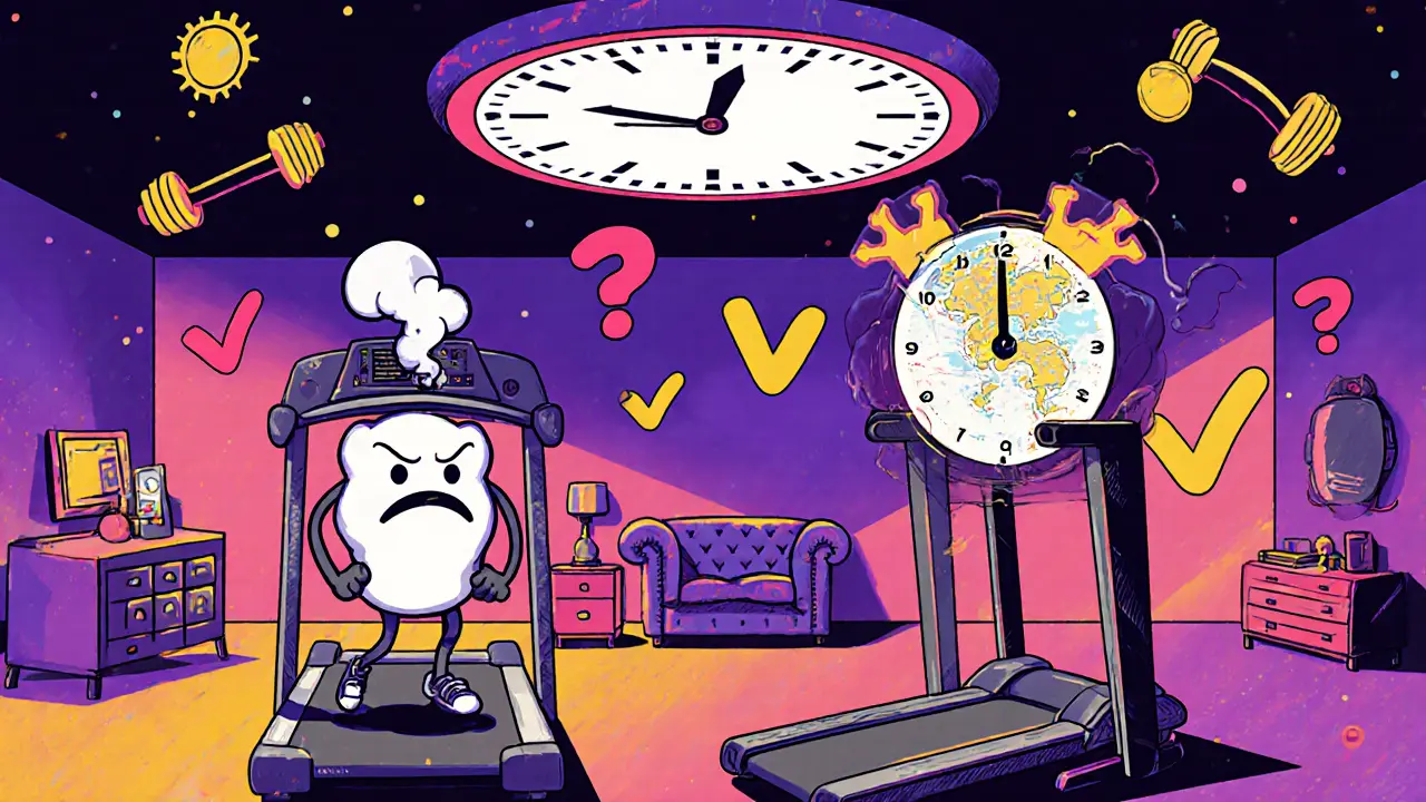 Сравнение дешевой и дорогой беговой дорожки: одна сломана, другая с горой и картой, вокруг — щиты и часы.