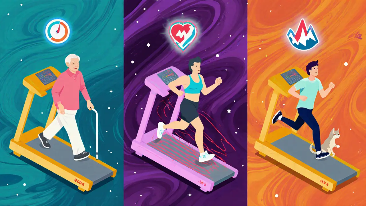 Три человека на разных беговых дорожках: пожилой, спортсмен и человек с котом, вокруг — символы здоровья и гор.