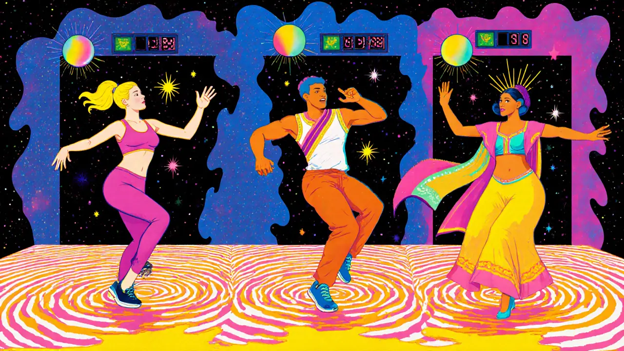 Трое людей танцуют в разных стилях в сюрреалистичной комнате с галактическими стенами и плавающими калориями.