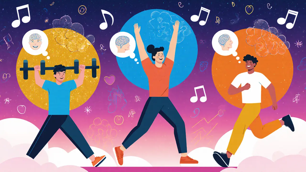 Трое людей в движении: поднимают вес, занимаются йогой и бегут, каждый окружён цветным сиянием, символизирующим силу, спокойствие и связь.