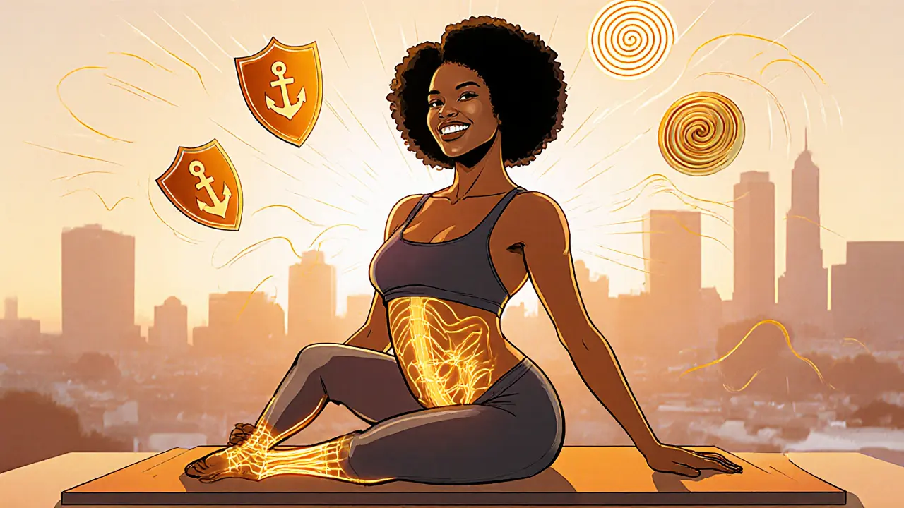 Женщина выполняет пилатес после родов, с визуализацией активных мышц кора и энергетических волн.