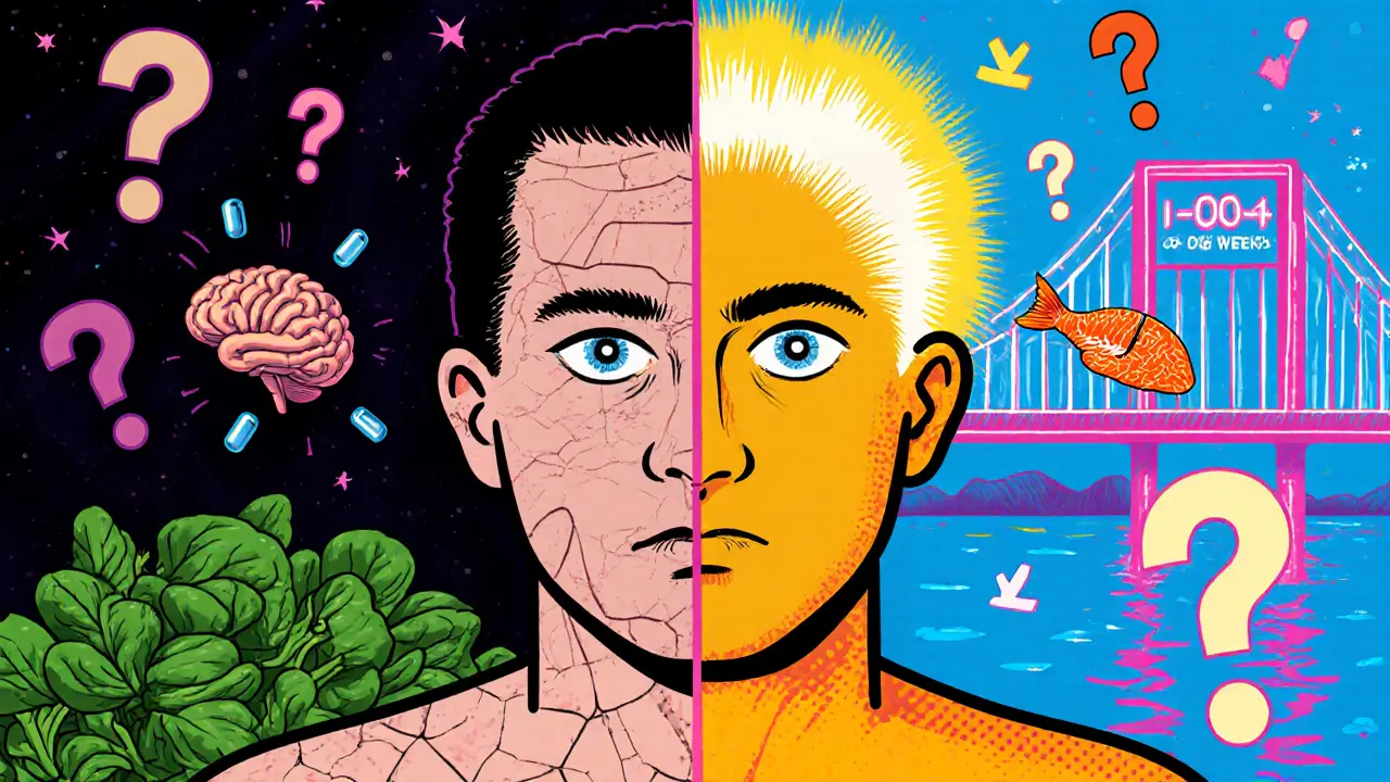 Два лица одного человека: одно сухое и уставшее, другое сияющее и здоровое, соединенные мостом омега-3 из рыбы и водорослей.