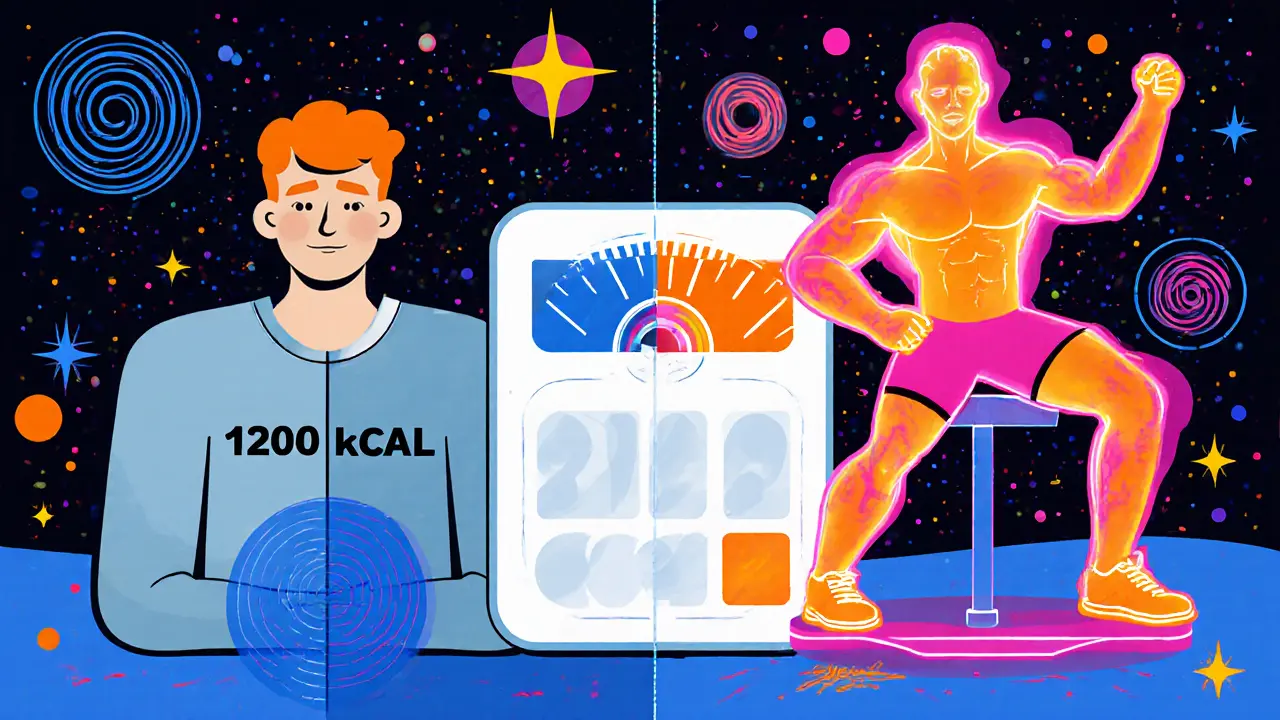 Два лица одного человека: одно усталое и тусклое, другое яркое и энергичное, между ними калькулятор и весы в психоделическом стиле.