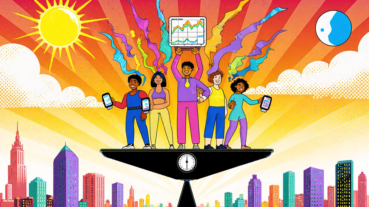 Группа людей с умными часами и весами на плавающей платформе, над их головами — цветные графики питательных веществ в стиле Питера Макс.