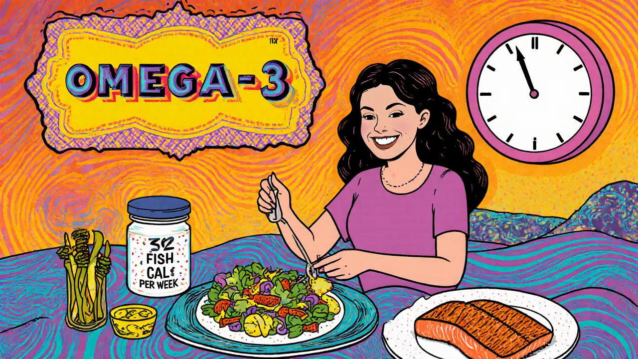 Женщина добавляет льняное масло в салат, рядом — лосось, капсулы и символ двух порций рыбы в неделю в психоделическом стиле.