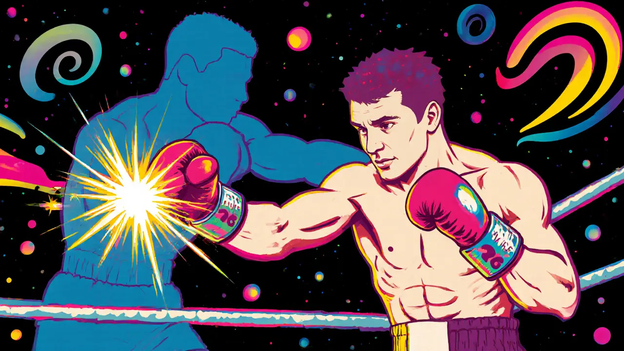 Боксёр наносит удар с утяжелителями на запястьях, за ним — след в виде более быстрого удара, окружённый психоделическими вспышками.