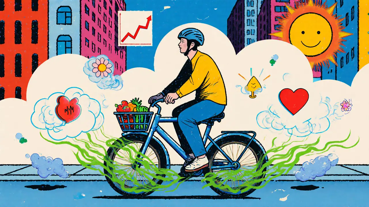 Человек едет на велосипеде по городу, вокруг — цветы и символы сердца и чистого воздуха.