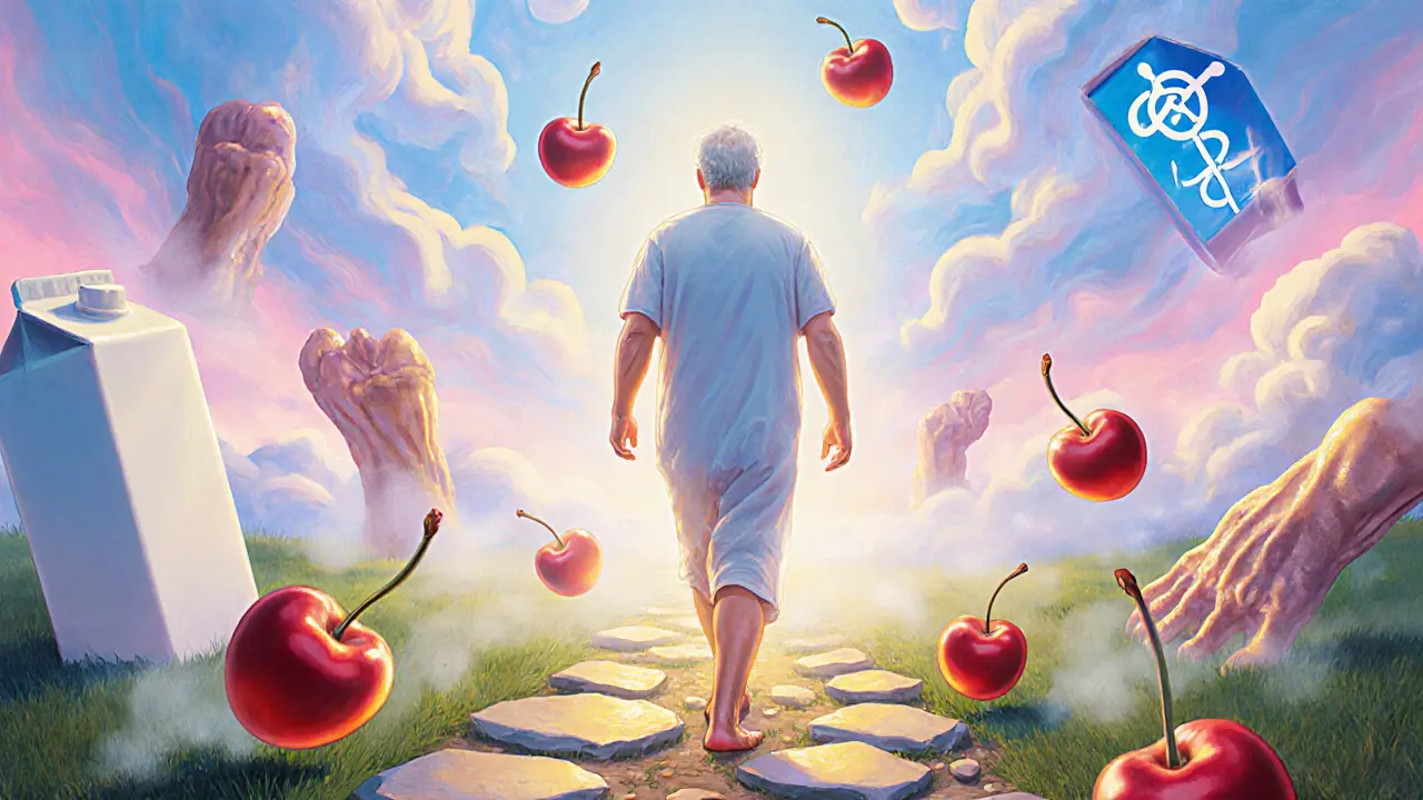 Человек идет по пути исцеления, вокруг — светящиеся вишни и молоко, тофусы тают.