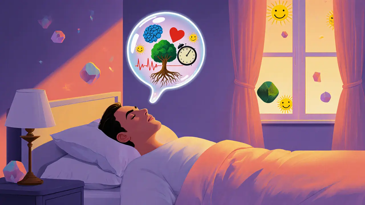 Человек лежит, из носа поднимается пузырь дыхания с миниатюрными сценами спокойствия и ритма.