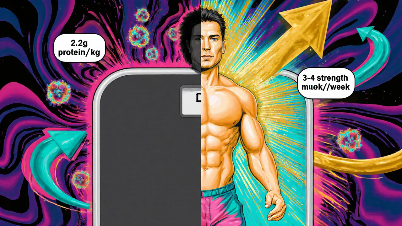 Человек смотрит на весы, а за ним — визуализация потери жира и роста мышц в психоделическом стиле.