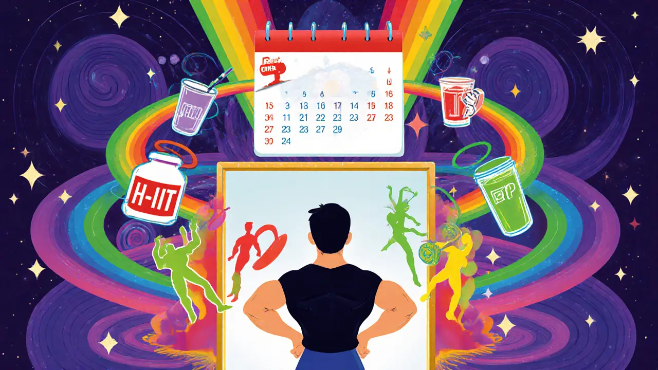 Человек в зеркале видит свою трансформацию, вокруг — циклы питания и тренировок в ярком, космическом стиле.