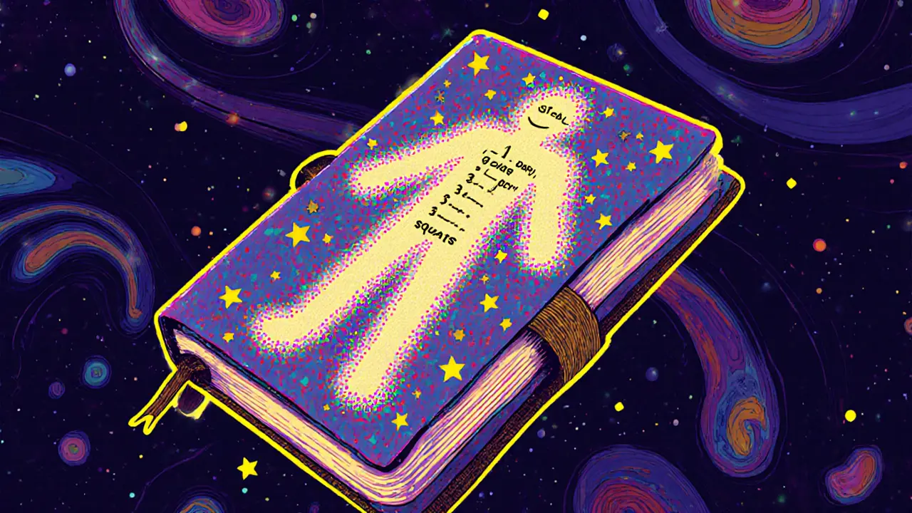 Дневник с ежедневными записями превращается в звёздное созвездие, символизирующее рост через маленькие действия.