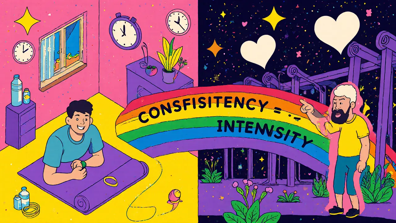 Домашние тренировки и зал соединены радугой, символизируя выбор между удобством и поддержкой.