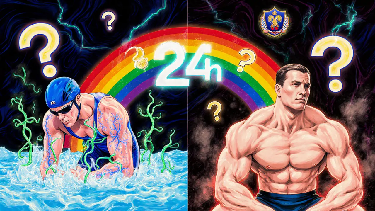 Две стороны: триатлет в льду с растущими капиллярами и бодибилдер в пару — соединённые радугой восстановления.