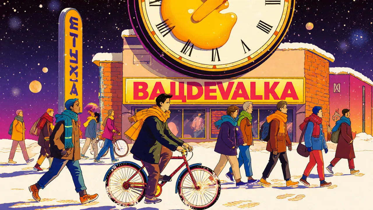 Группа людей ходит и ездит на велосипедах зимой, следы светятся, за ними — календарь, переходящий в весну.