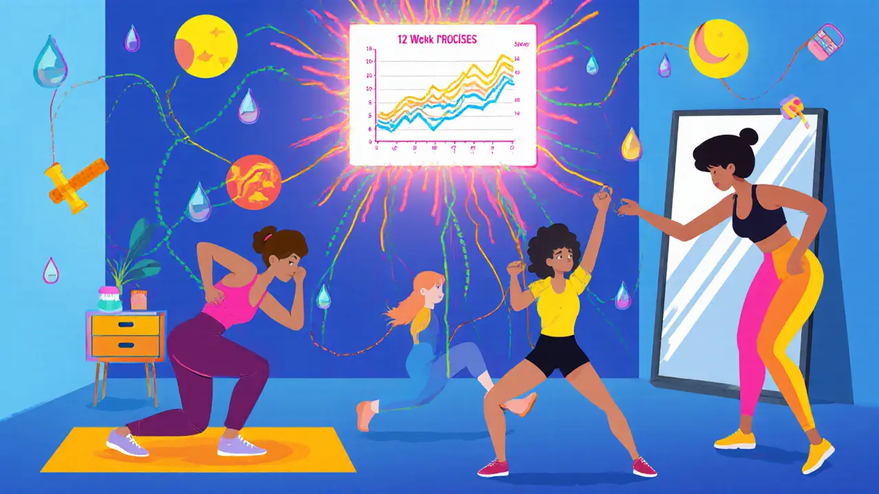 Группа женщин тренируется дома, их движения соединены с графиком прогресса и символами восстановления.