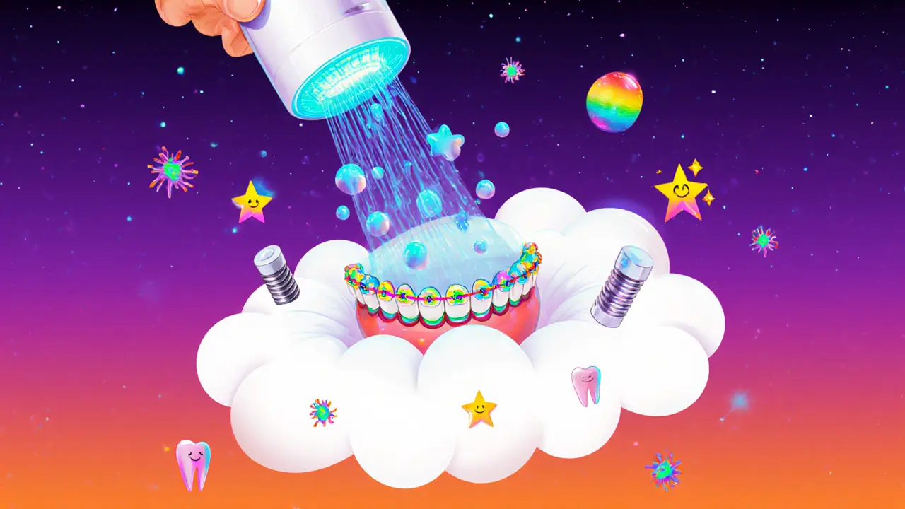Ирригатор очищает брекеты и импланты, струя воды превращается в радужные звёзды.