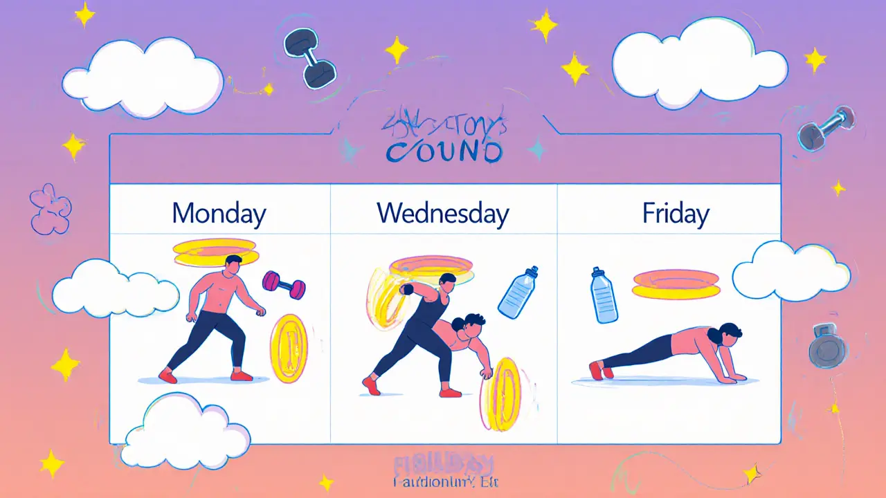 Календарь тренировок с тремя днями в неделю и отдыхом между ними, в психоделическом стиле.