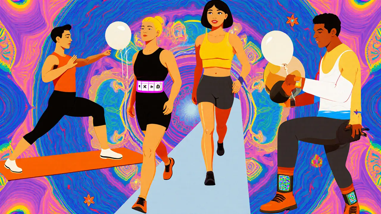 Коллаж из пяти упражнений с утяжелителями: подъём ног, выпады, ходьба, избегание гантелей и умные манжеты на фоне радужных узоров.