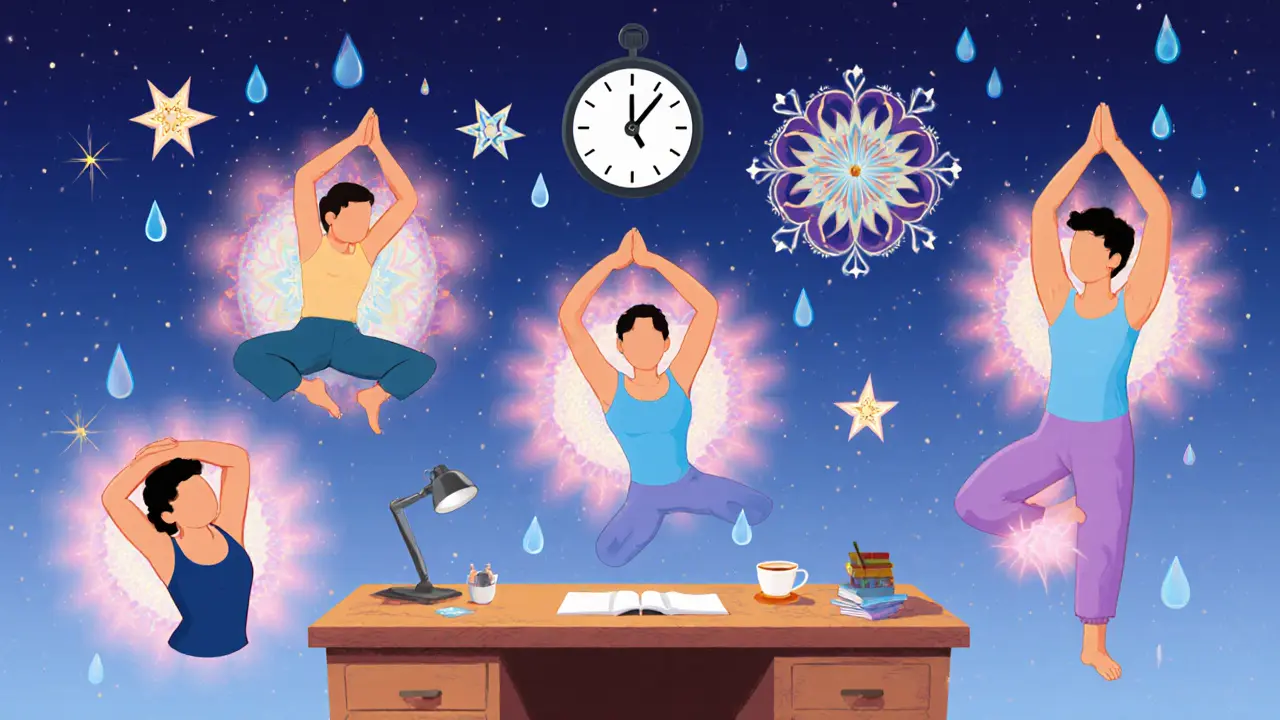 Пять стилизованных поз для растяжки плеч, парящие над рабочим столом с радужными ореолами.