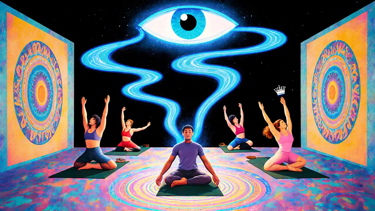 Практикующие йогу с видимыми дыхательными потоками, соединёнными с глазом осознанности в психоделическом зале.