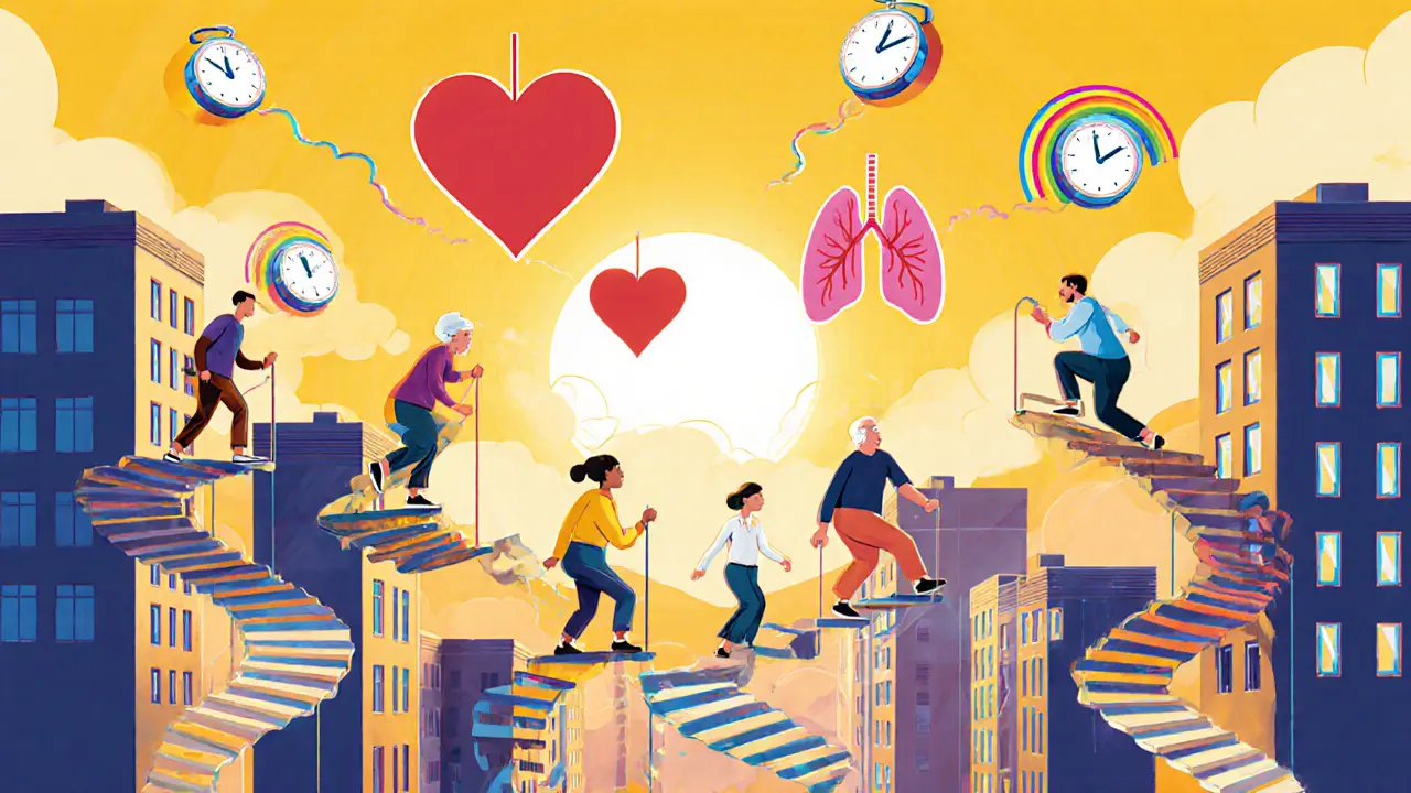 Разные люди поднимаются по светящимся лестницам, соединяющимся с сердцами и лёгкими в психоделическом городе.