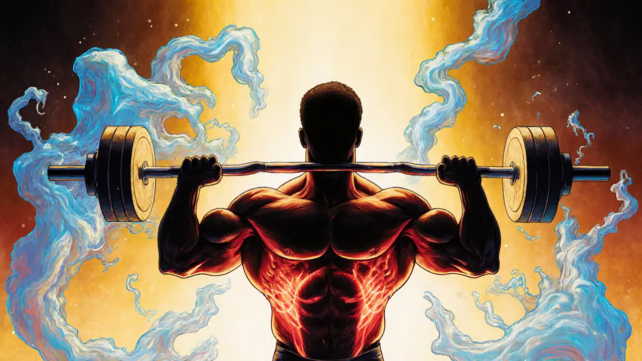 Силовой атлет поднимает вес, но холодные потоки тормозят его мышечный рост, фон — тёплые лучи восстановления.