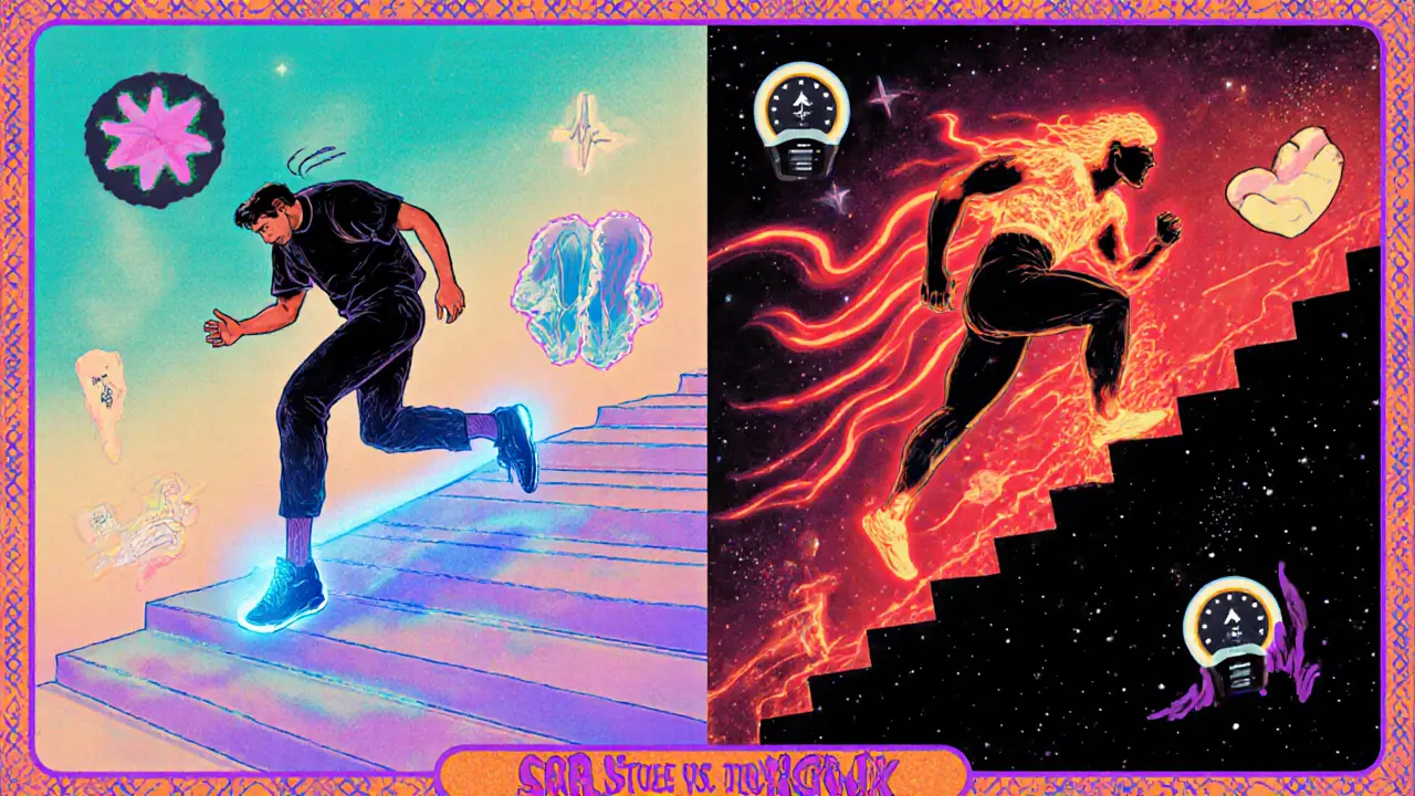 Сравнение осторожного спуска и энергичного подъёма по лестнице с символами здоровья и безопасности.