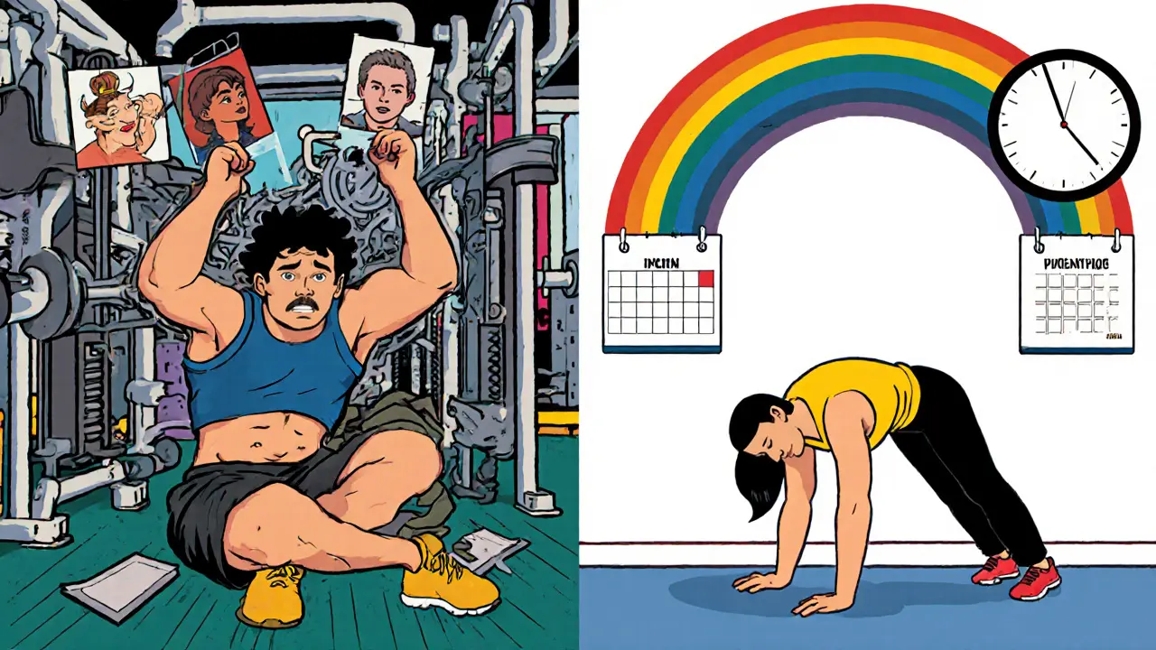 Сравнение: перегруженный новичок слева и спокойный новичок с базовыми упражнениями справа под радугой.