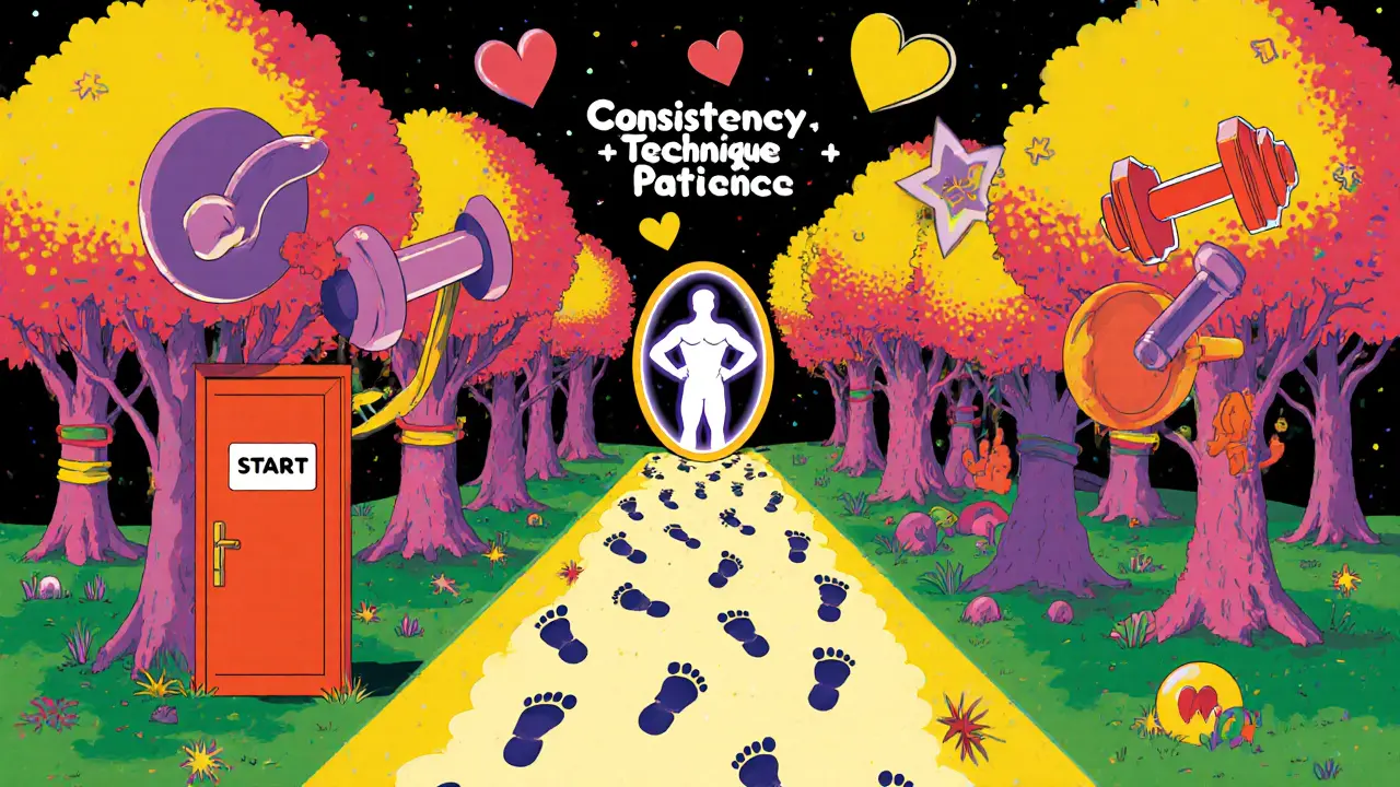 Светящийся путь от &#039;Старт&#039; к уверенной фигуре в зеркале, окруженный символами фитнеса и словами &#039;Постоянство + Техника + Терпение&#039;.