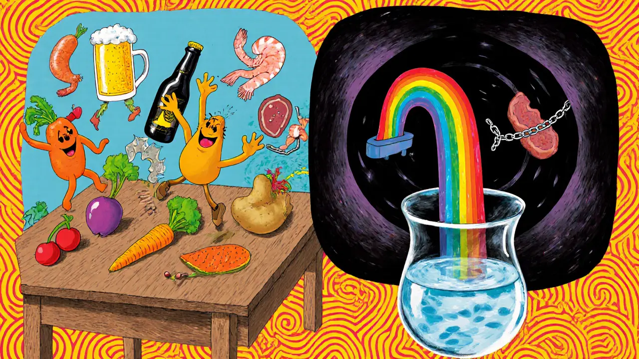 Веселые овощи и вишня на кухне, а пиво и морепродукты уходят в тьму.