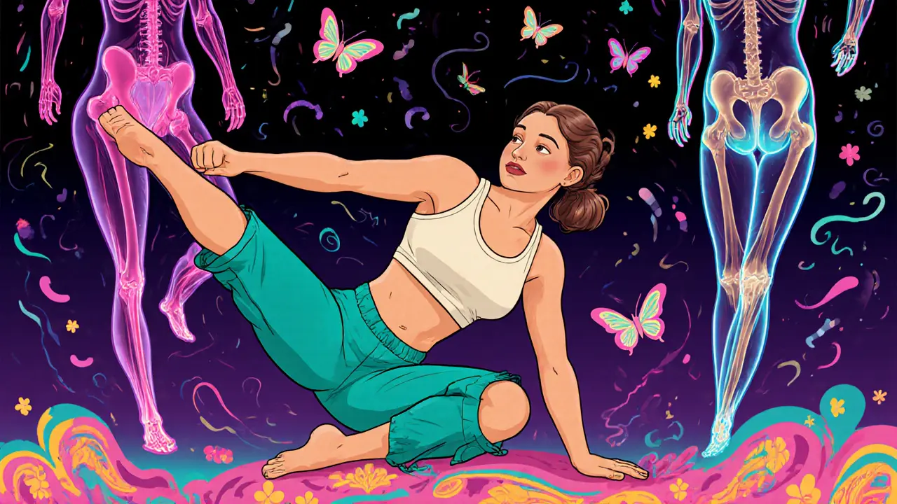 Женщина делает диагональные махи ногой, за ней следят светящиеся мышцы и цветочные узоры.