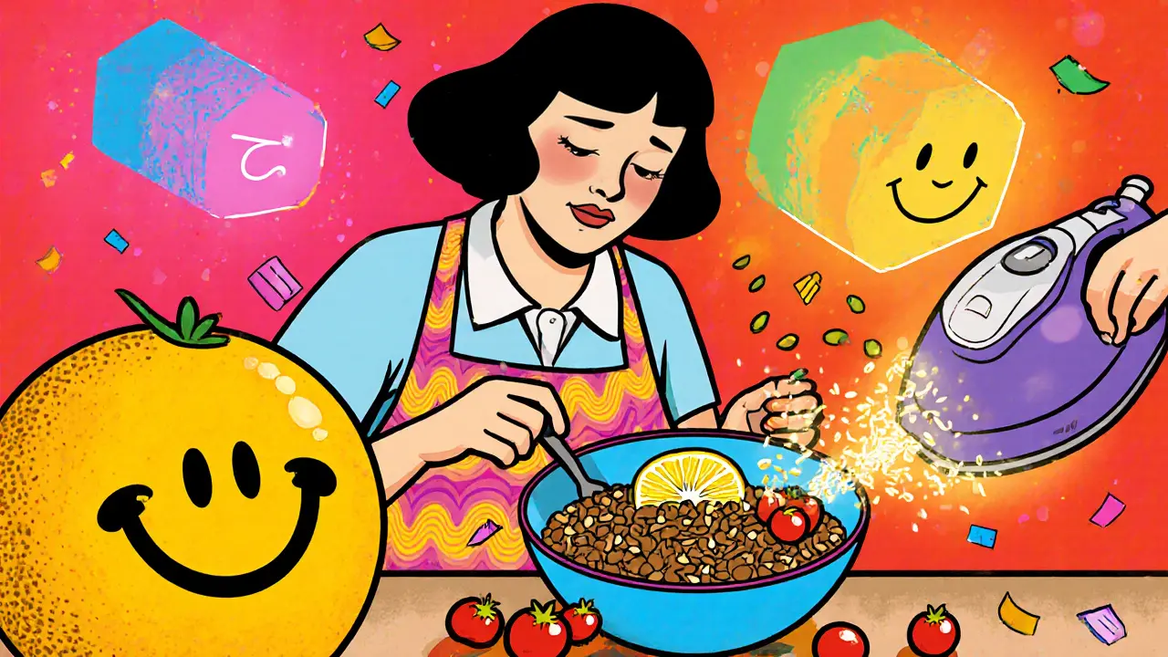 Женщина готовит чечевицу с лимоном и помидорами, а семена кунжута летят в воздухе как конфетти.