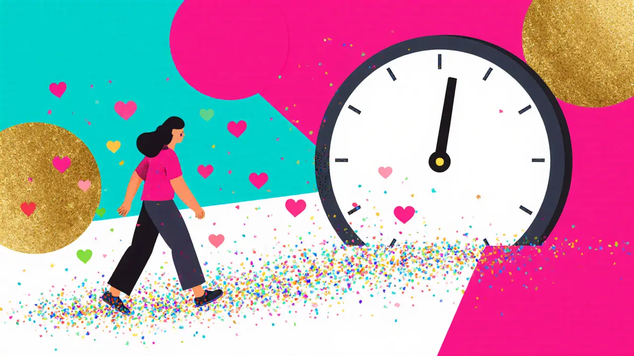 Женщина проходит пять шагов к двери, за ней след из искр и сердец, символизирующий маленькую победу.