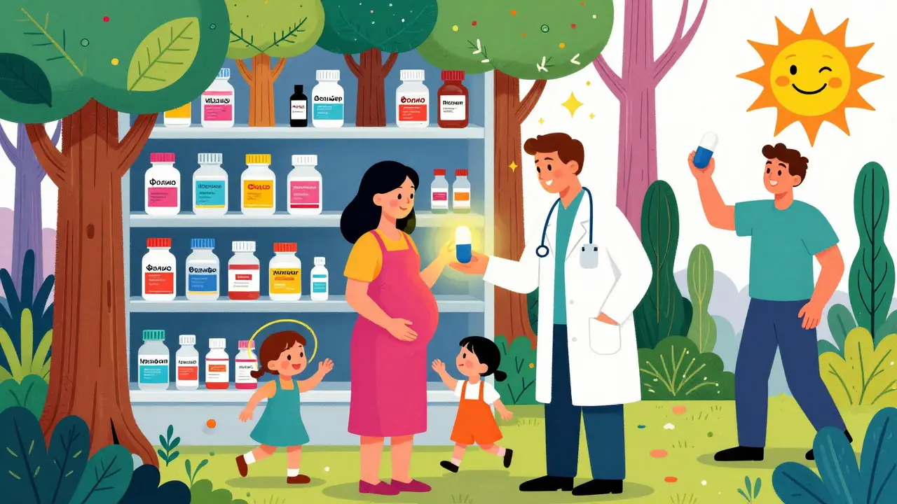 Аптека в виде волшебного леса с таблетками-деревьями, врач даёт капсулу беременной женщине.