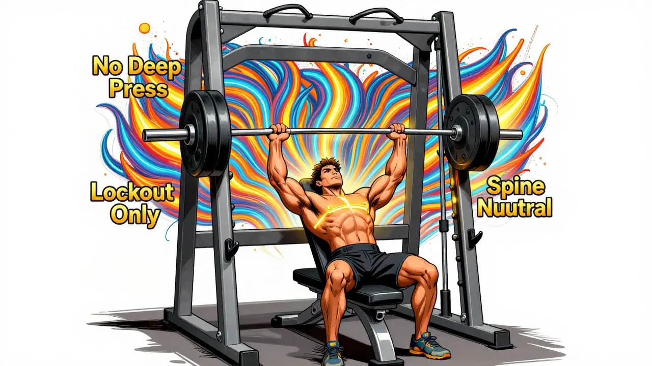 Человек делает жим лежа в Смит-машине с углом 45°, вокруг — золотые правила безопасности.