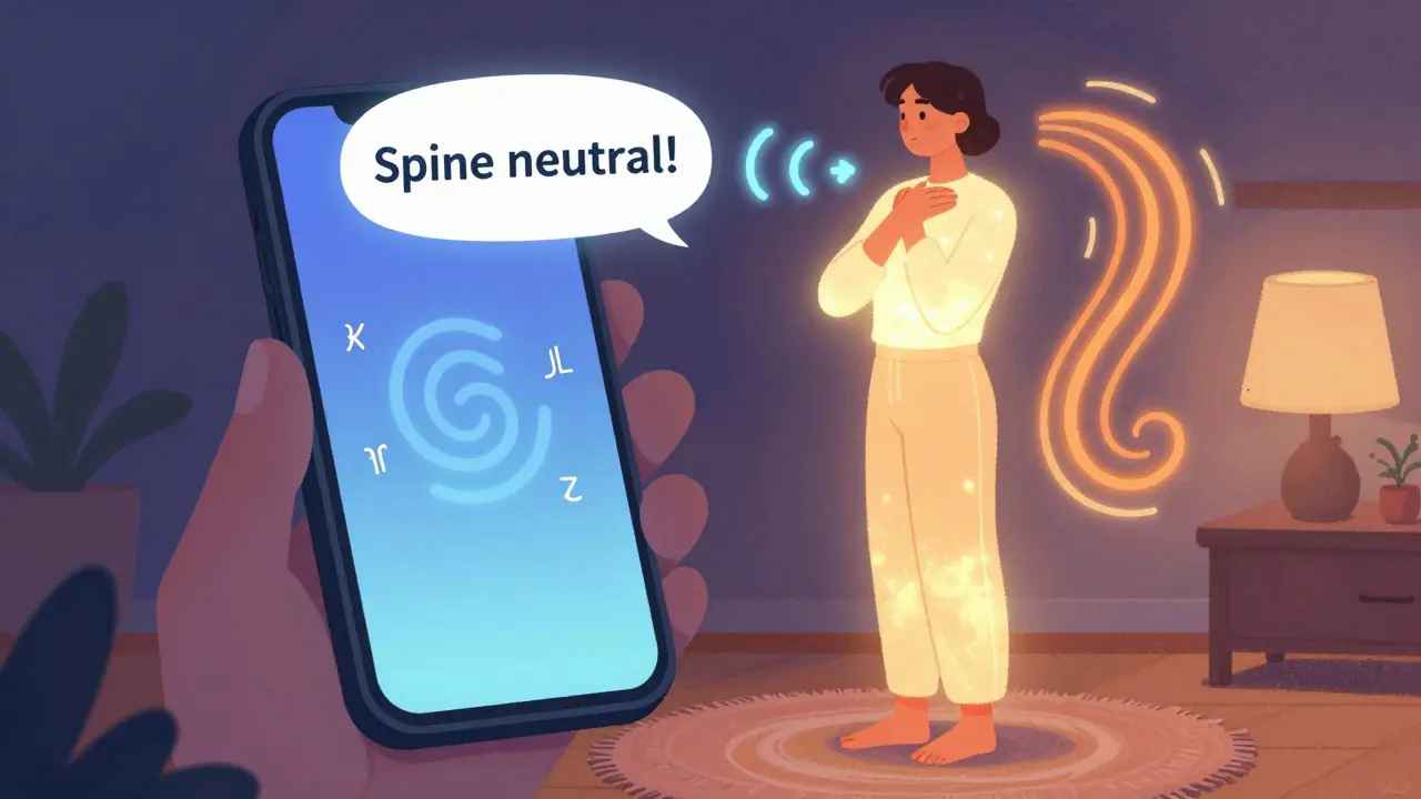 Человек корректирует осанку, глядя на экран телефона с AI-подсказкой, в окружении светящихся дыхательных спиралей и мягких цветов.