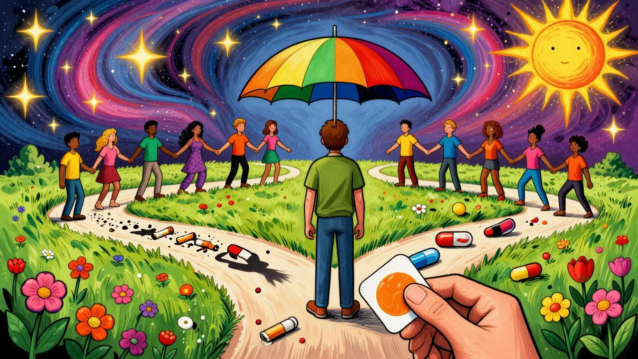 Человек на перепутье: один путь — сигареты, другой — здоровье, поддержка и восстановление.