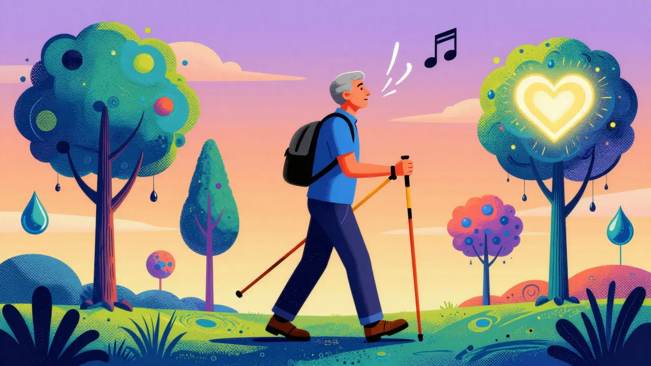 Человек на скандинавской ходьбе с цветными палками в психоделическом пейзаже.